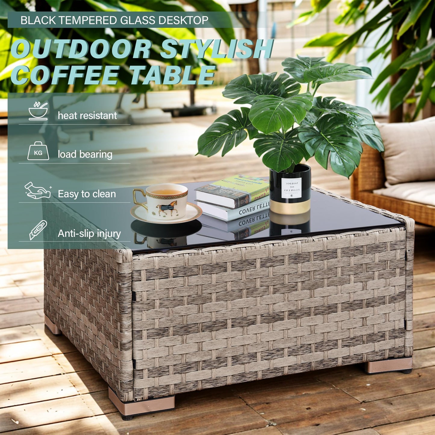 AOUXIN 5 Seater Rattan Garden Furniture Set, Rattan Corner Sofa Set Patio Sofa with Glass Table (Grey)