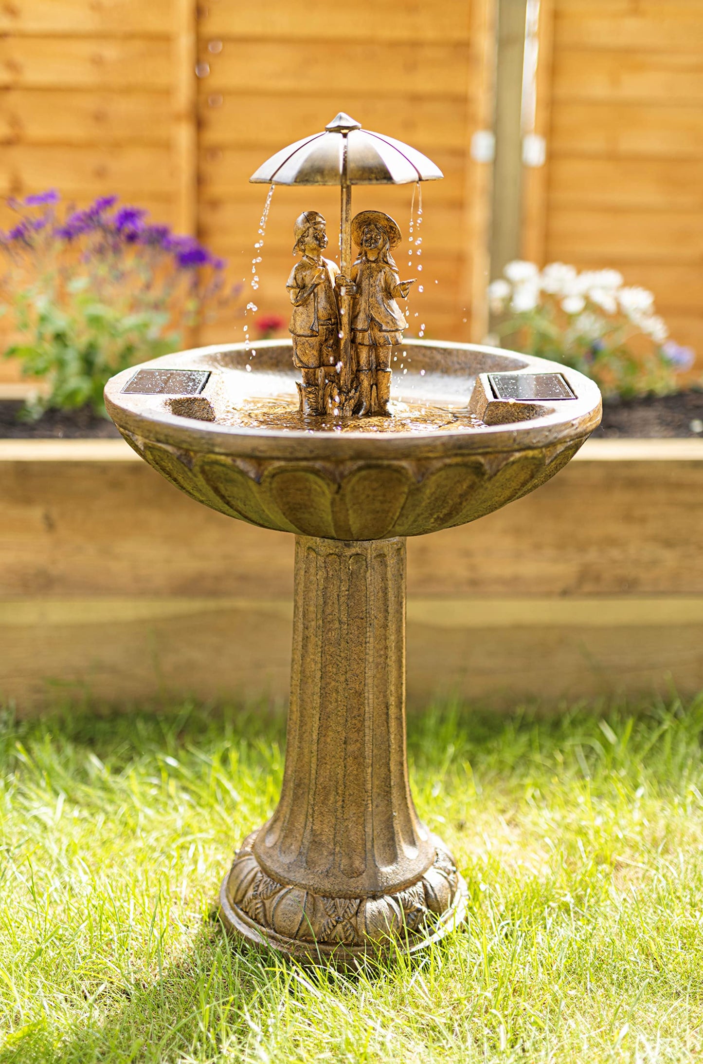 Garden Mile Solar Powered Boy & Girl Umbrella Water Fountain Rustic Traditional Water Feature Garden Solar Water Ornamental Fountain Bird Bath Garden Patio Energy Efficient Resin Solar Water Feature