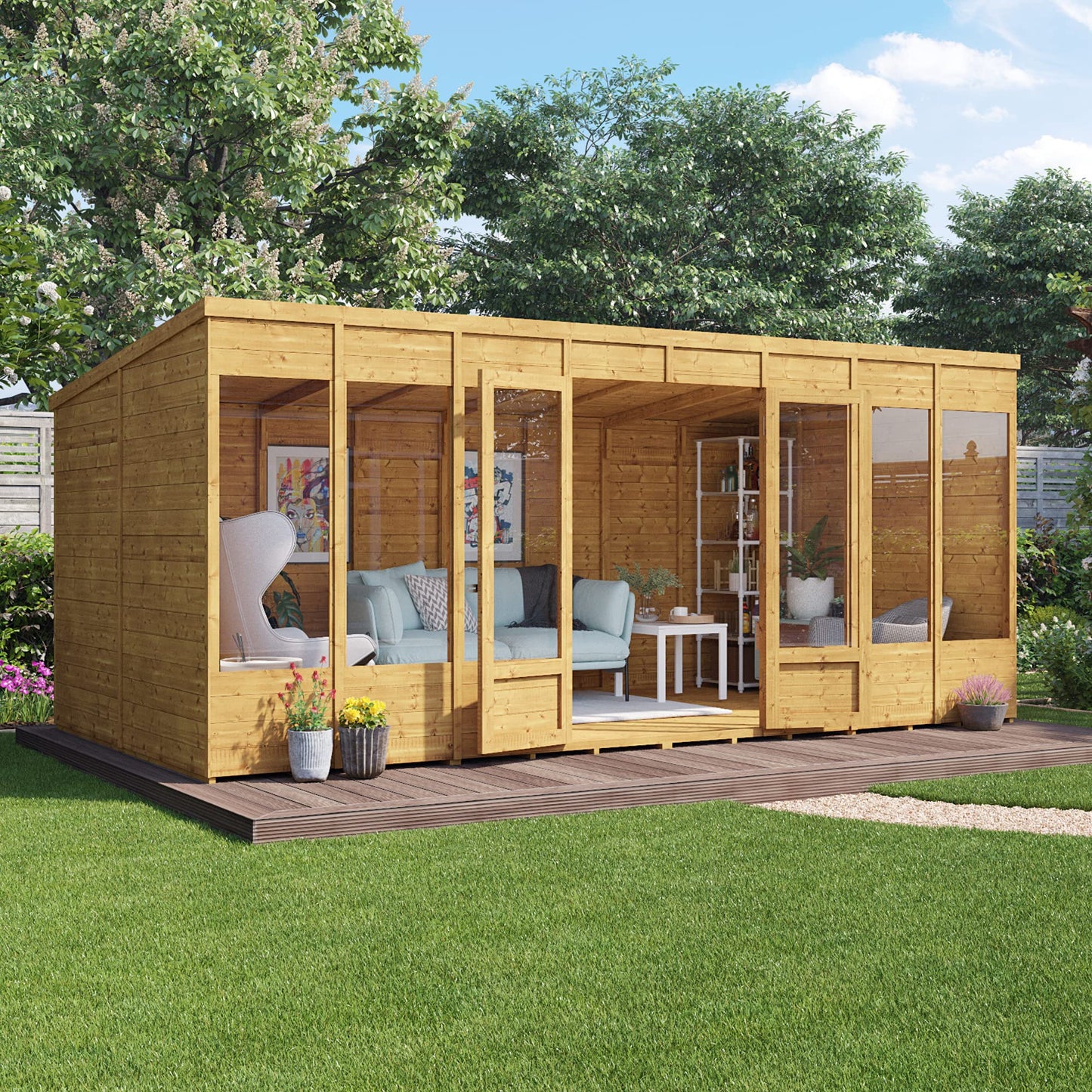 BillyOh Bella 16 x 8 Summer House Shed, Modern Pent Roof Log Cabin | Spray Treated - Garden Room with Wide Double Doors, Tongue and Groove Construction | Versatile Tiny Home or Garden Office