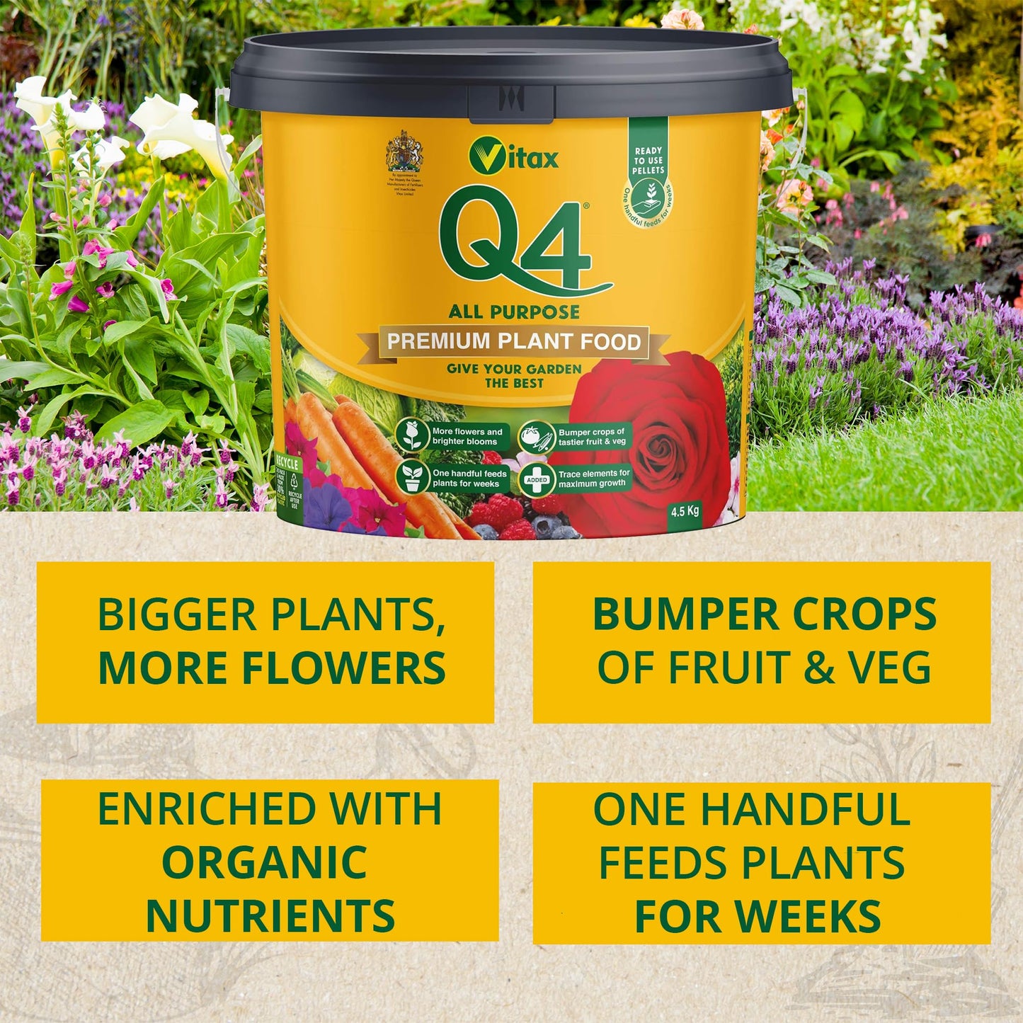 Vitax Q4 All Purpose Plant Food, Fertiliser Enriched With Organic Nutrients, More Flowers, Bigger Yields, Slow Release - 4.5Kg Tub