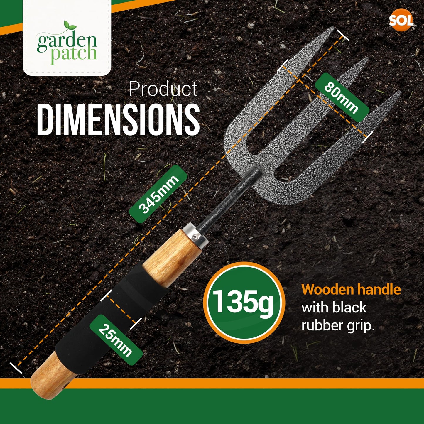 SOL 2pk Heavy Duty Garden Fork, 34.5cm Garden Hand Fork with Wooden Handle and Rubber Grip - Durable, Lighweight Design for Multi-Purpose Weeding and Planting Tool, For Gardeners of All Skill Levels