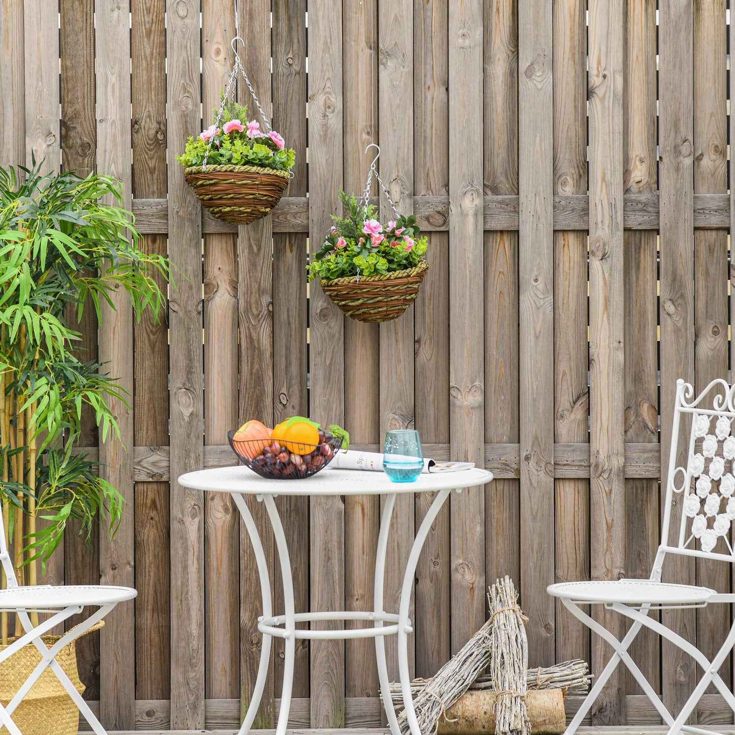 Outsunny Pack of 2 Artificial Lisianthus Flowers Hanging Planter with Basket for Indoor Outdoor Decoration