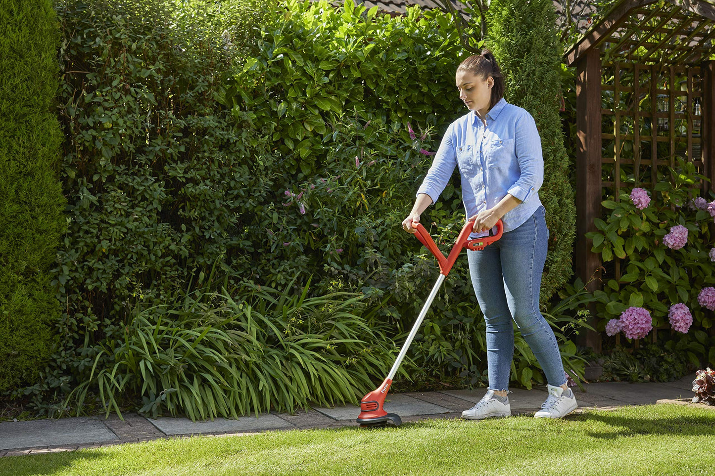 Flymo SimpliTrim Li Cordless Battery Grass Trimmer - Ultra Lightweight 14.4 V Li-Ion Battery Integrated Including Charger), 23 cm Cutting Width, Durable Long Life Blades, Orange and Grey