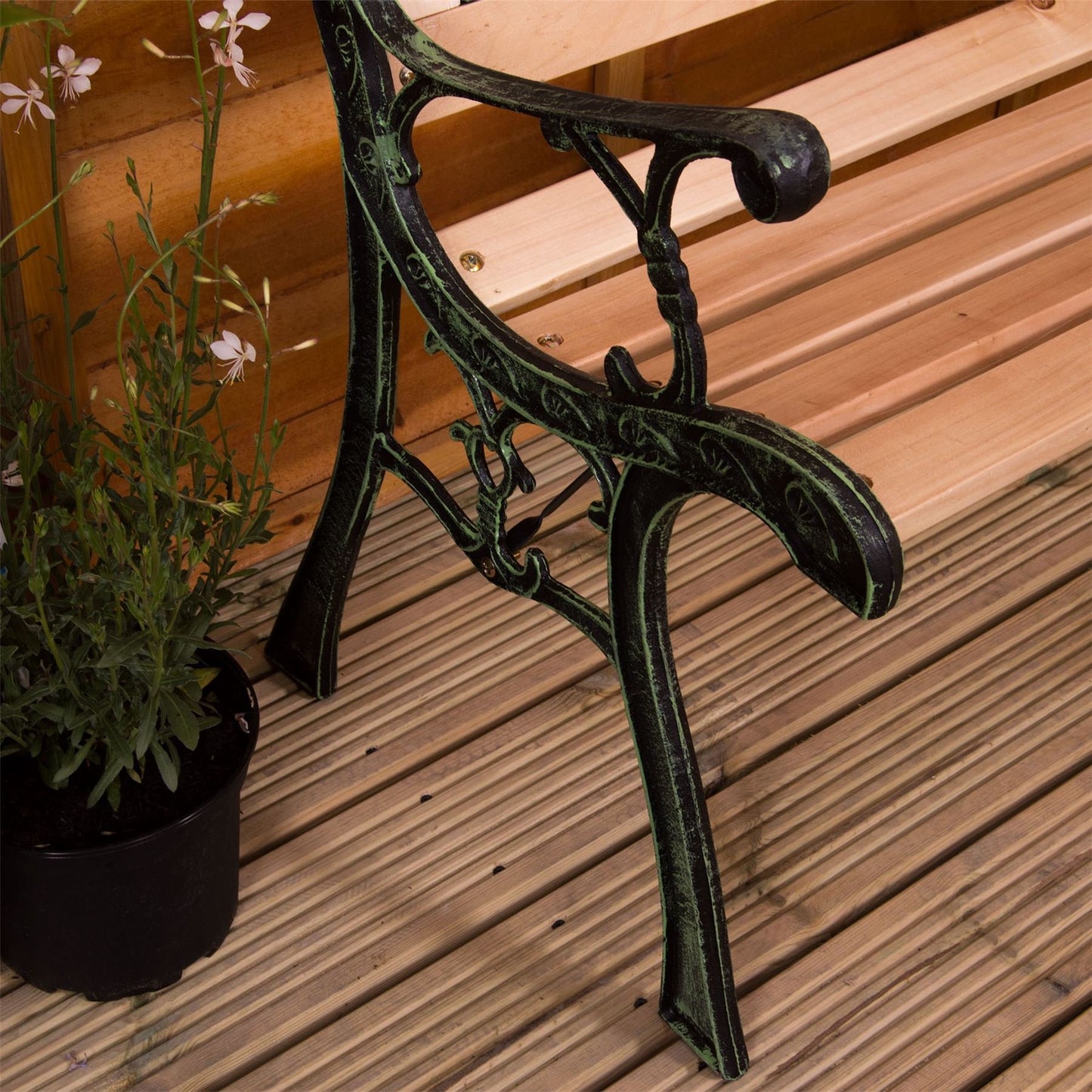 Home Discount Garden Vida Garden Bench, Rose Style Design 3 Seater Outdoor Furniture Seating Wooden Slats Cast Iron Legs Park Patio Seat