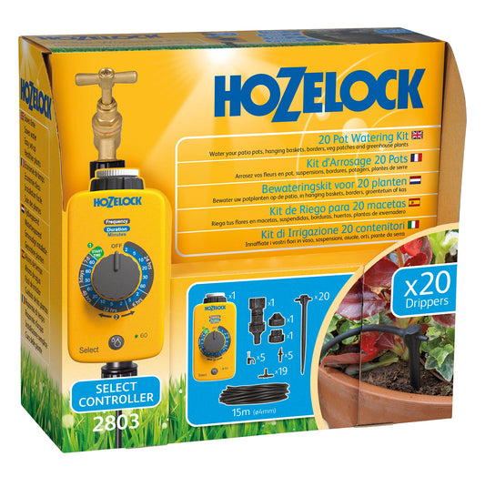 HOZELOCK - Drip Watering Kit 20 Pot : Complete Stand-alone System with Select Controller Programmer, Ideal for Potted Plantsand Window Boxes, for Precise, Water-saving Watering [2803 0000]