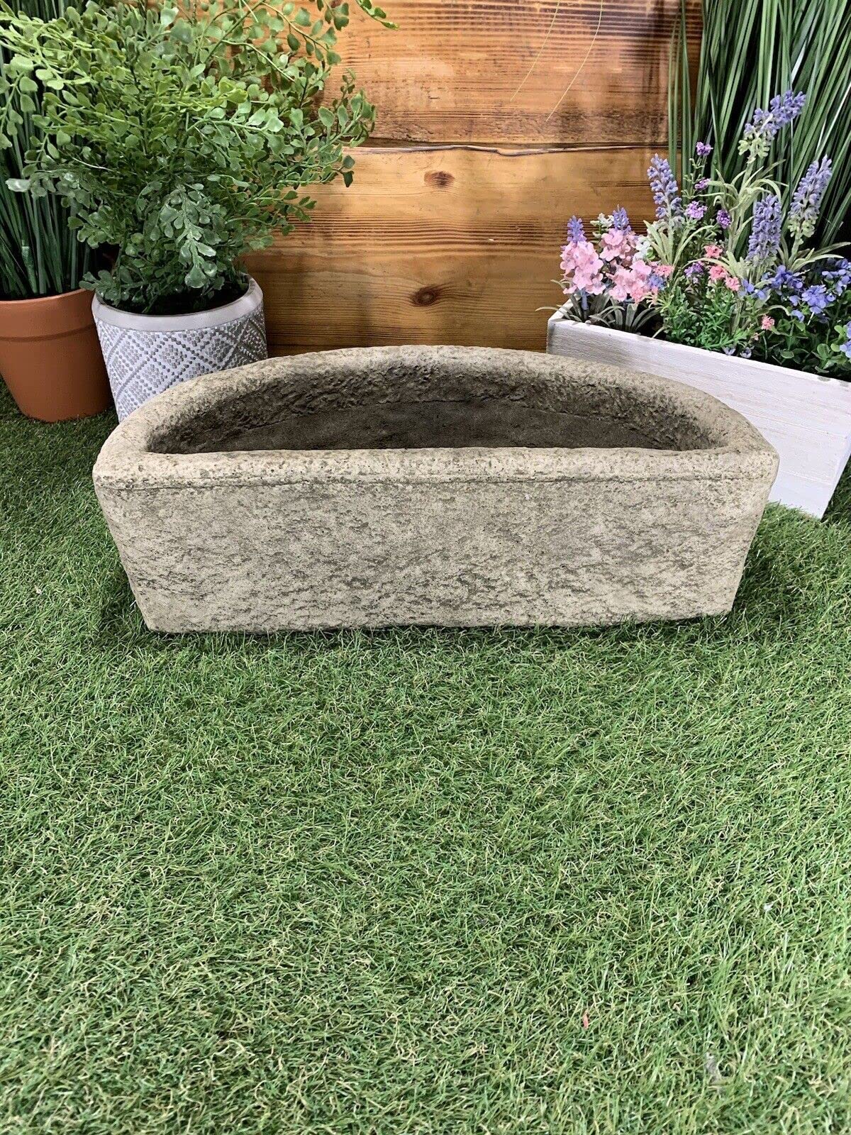 Zewool Semicircular Stone Half Circle Planter Pot Ornament, Antique Gray, 16" x 8" x 5.5", Outdoor, Garden Style