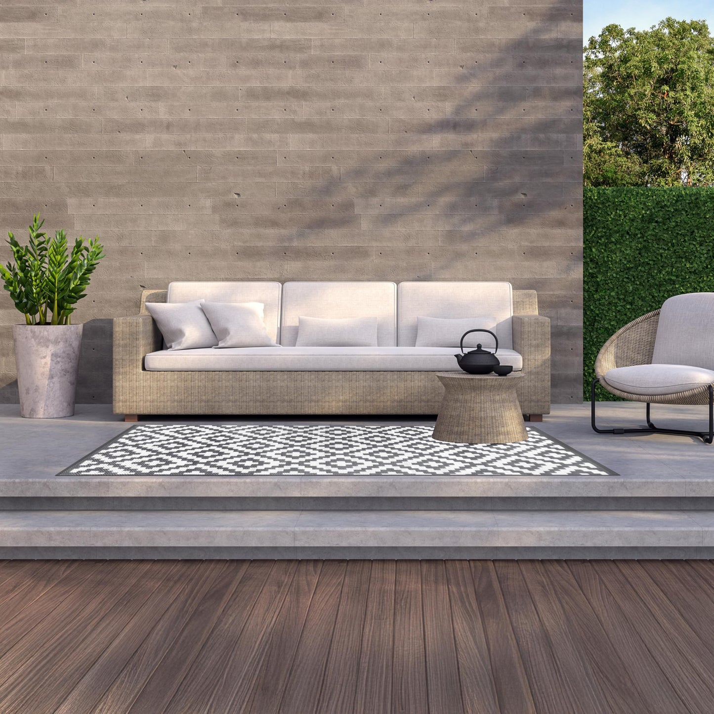 Marco Paul Large Outdoor Garden Rug Reversible Recycled Plastic Camping and Picnic Rugs, Patio, Decking Stain And Water Resistant Alfresco Grey Aztec Mat 150 x 210cm