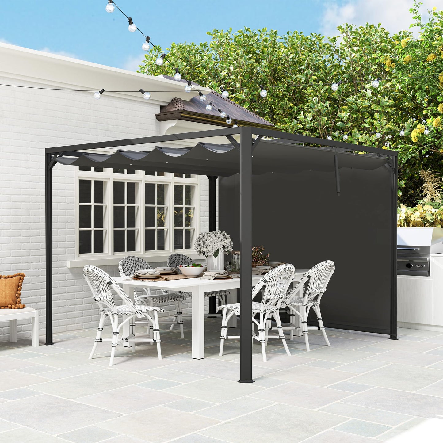 Outsunny 3 x 3(m) Garden Pergola with Retractable Roof Canopy and Roller Shade, Aluminium Pergola Kit Gazebo, UPF30- Sun Shade Shelter for Deck, Porch, Dark Grey