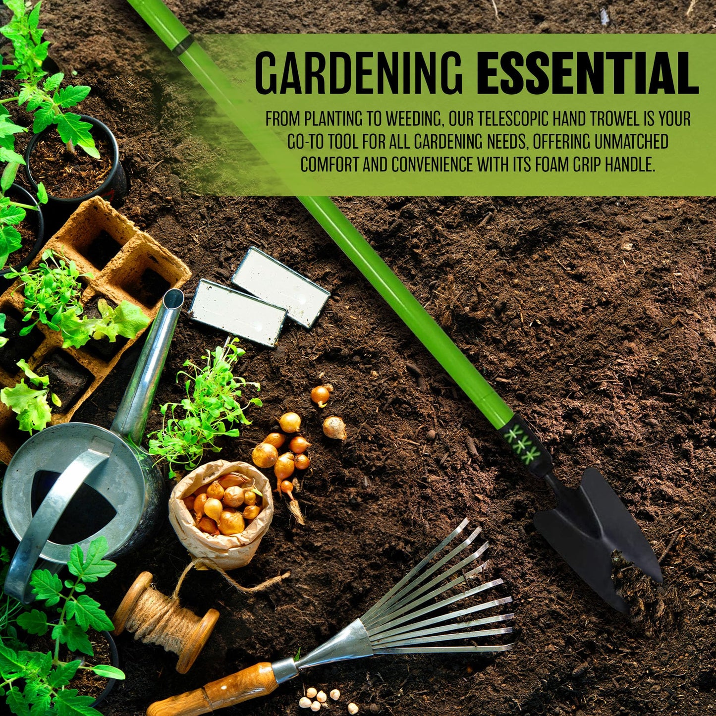 Long Handle Telescopic Hand Trowel - Extending, Gardening, Planting, Weeding, Expand, Grip | Garden Hand Tool | Soft Grip Handle | Durable & Long Lasting