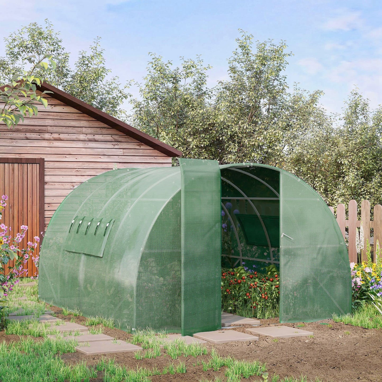 Outsunny Large Polytunnel Walk In Greenhouse, Plant Gardening Tunnel Green House with Metal Hinged Door, Galvanised Steel Frame & Mesh Windows, Green (3 x 4 m)