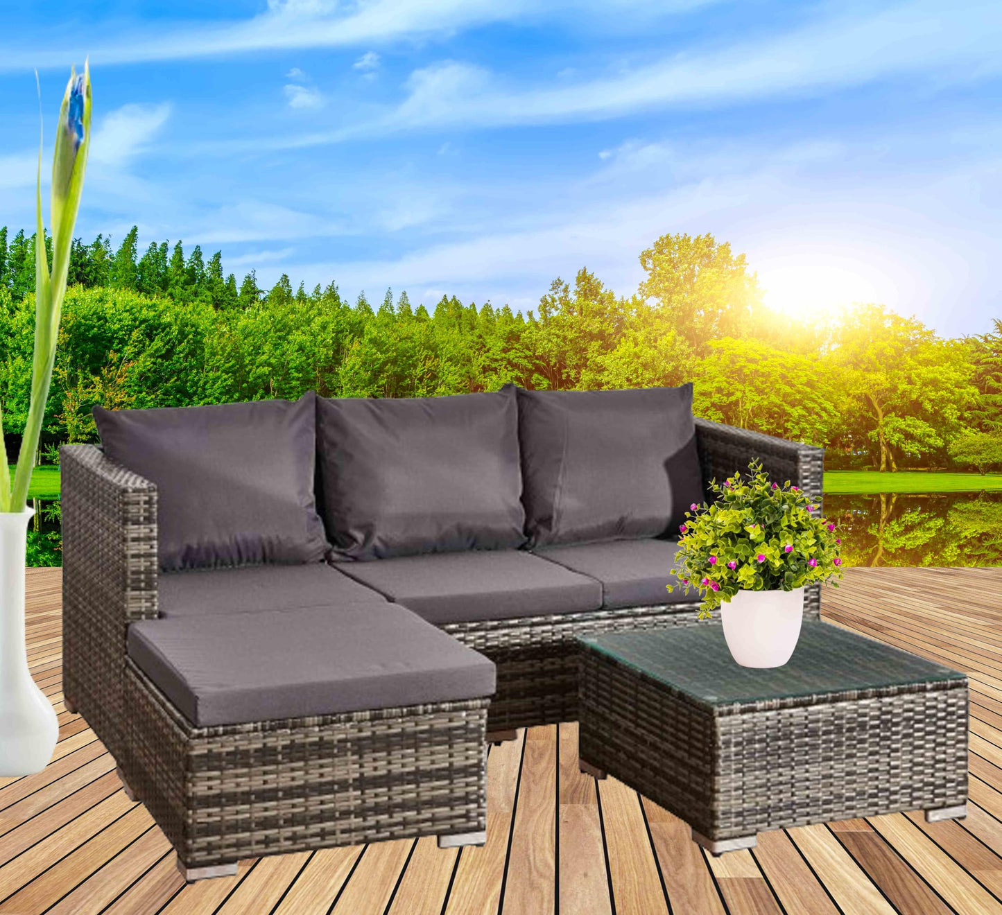 XEO HOME MIX Grey Rattan Garden Furniture Sofa Set 4piece Corner L Shaped Patio 3-Seater with Seating & Backrest Cushions & 1 Ottoman Foot Stool & Coffee Table with Top Glass (4PC L-Shaped Sofa)