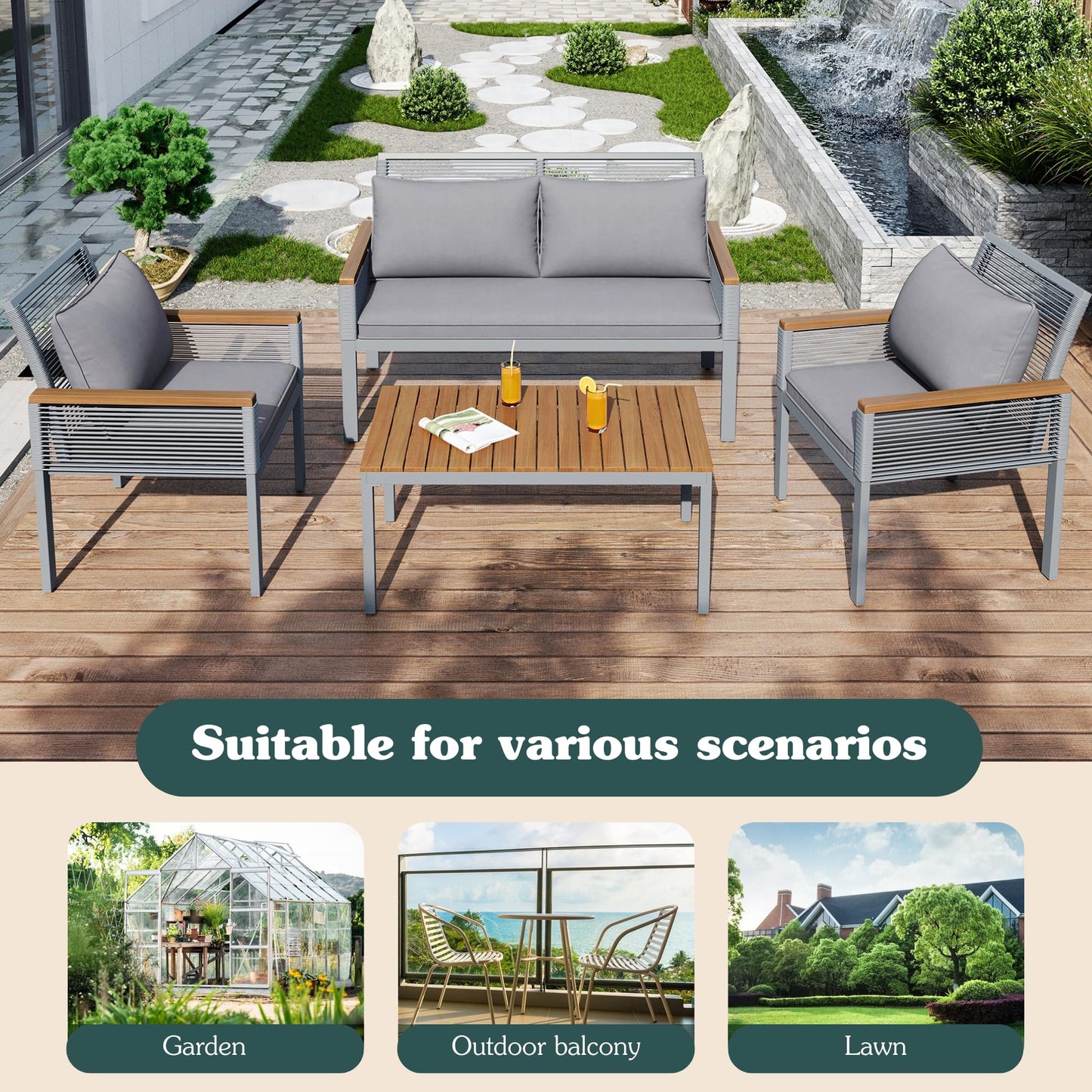 Jtyca Garden Furniture, Rattan Garden Lounge Set with Comfortable Cushions, Double Sofa, 2 Armchairs and Table, Outdoor Furniture, (Grey)