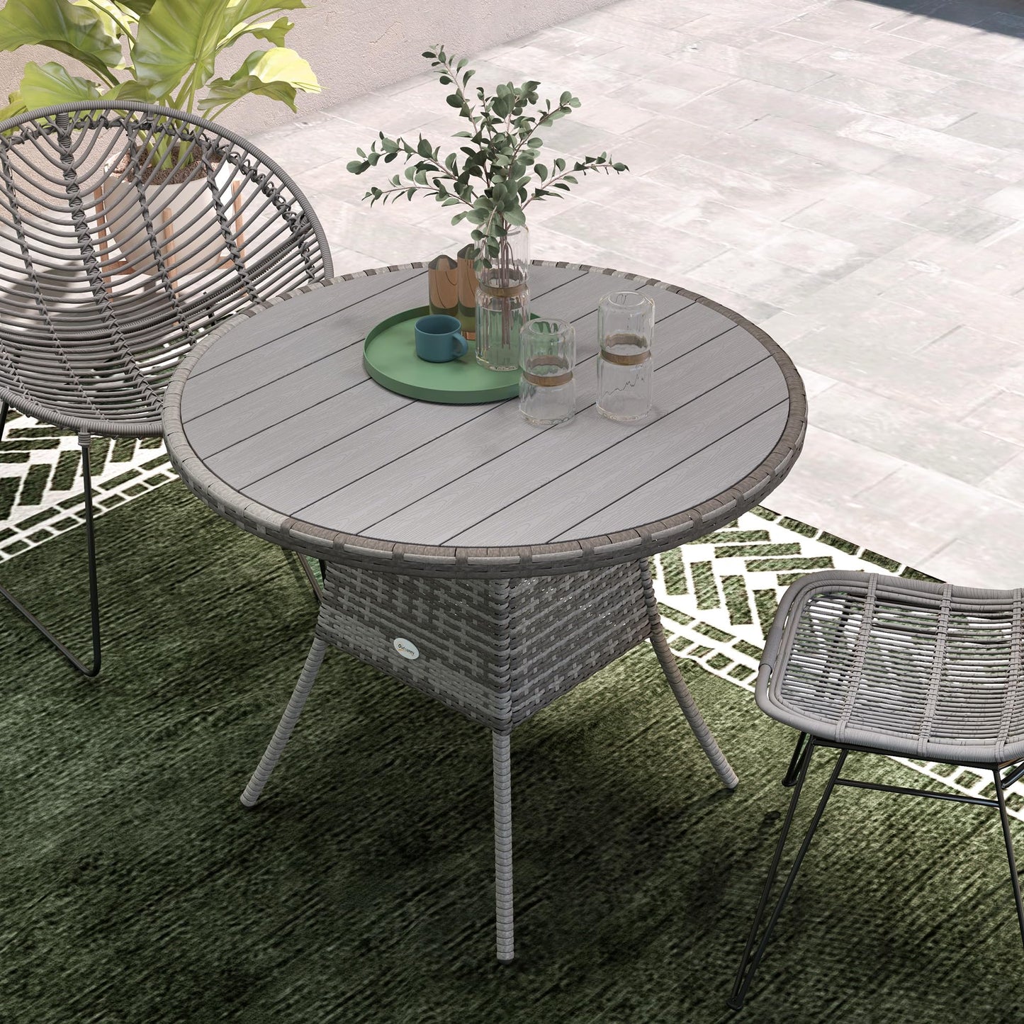 Outsunny 90cm PE Rattan Outdoor Dining Table, Patio Table with Wood-plastic Composite Top for Balcony, Garden, Grey