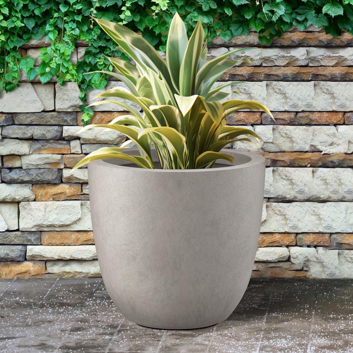Kante 18 Inch Dia Round Concrete Planter, Indoor Outdoor Large Plant Pot with Drainage Hole and Rubber Plug for Home Patio Garden, Weathered Concrete