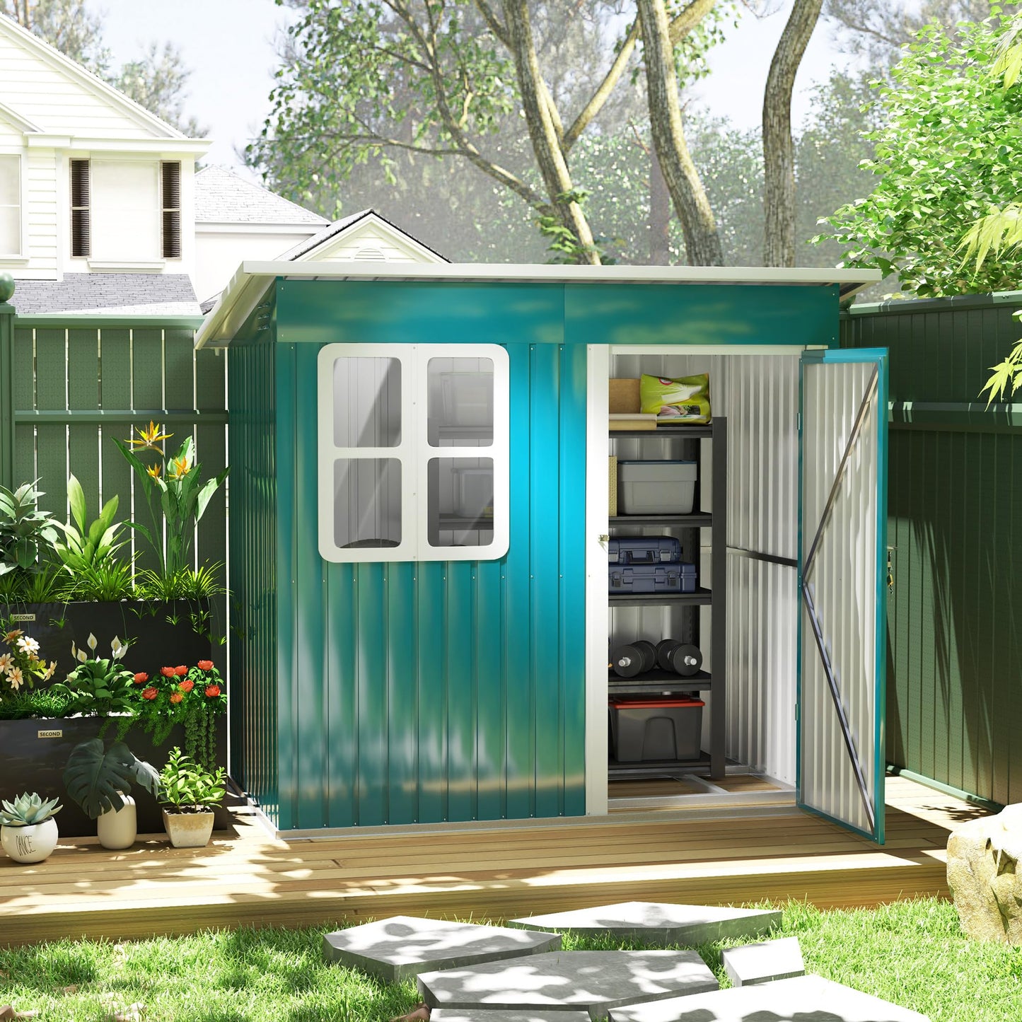 Outsunny 7 x 4ft Storage Shed Galvanised Steel Garden Shed, Metal Shed with Foundation Kit, Window, Lockable Wide Door and Air Vents for Outdoor Patio, Green