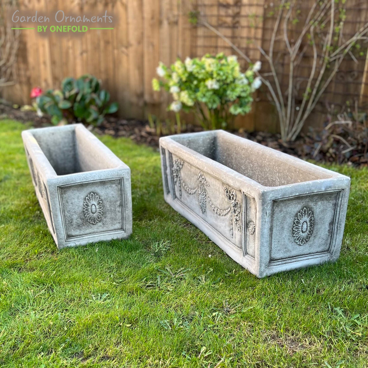 SET OF 2 LARGE DECORATIVE STONE TROUGH OUTDOOR GARDEN PLANTER PLANT POTS WITH DRAINAGE HOLE