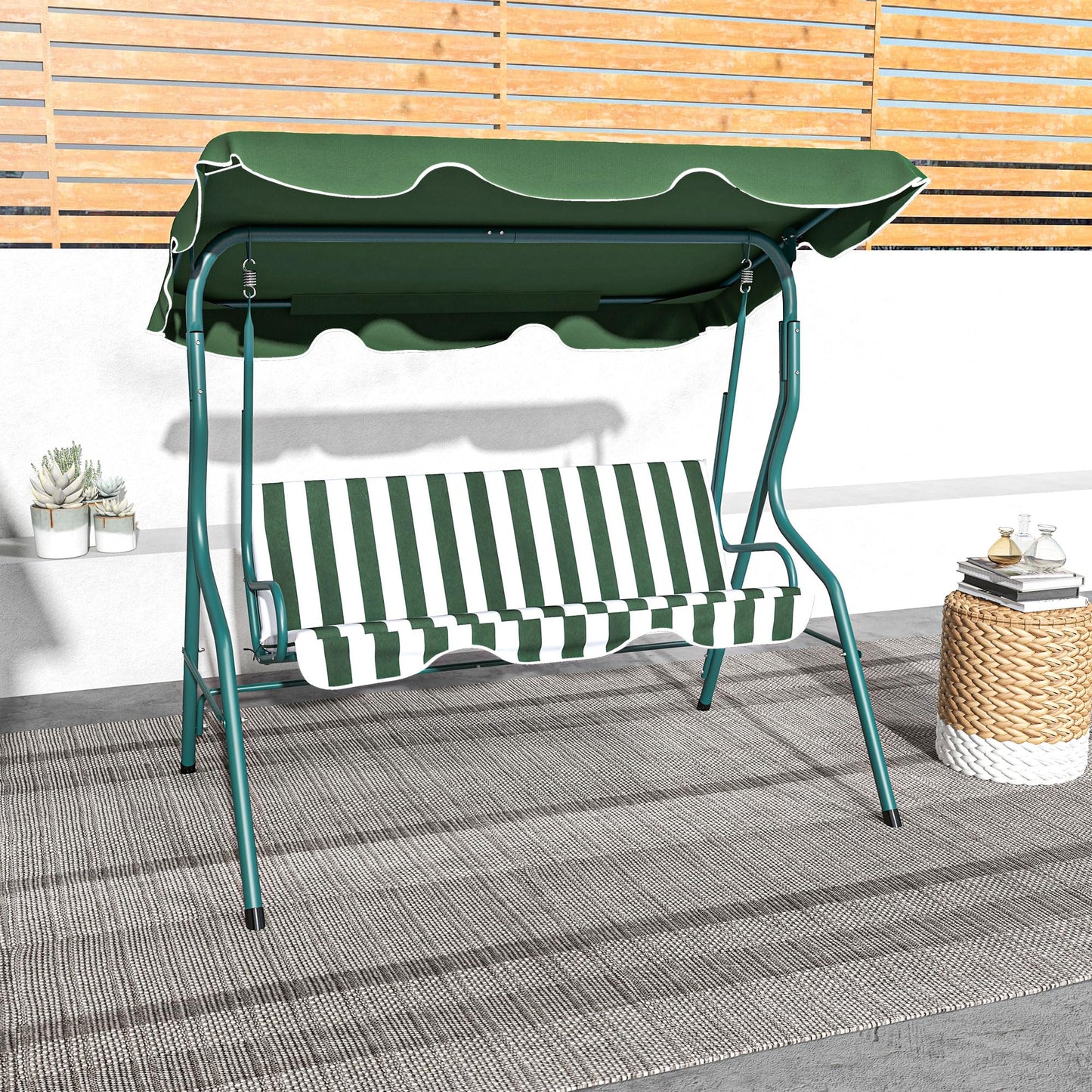 Outsunny 3 Seater Canopy Swing Chair Outdoor Garden Bench with Adjustable Canopy and Metal Frame - Green Stripes