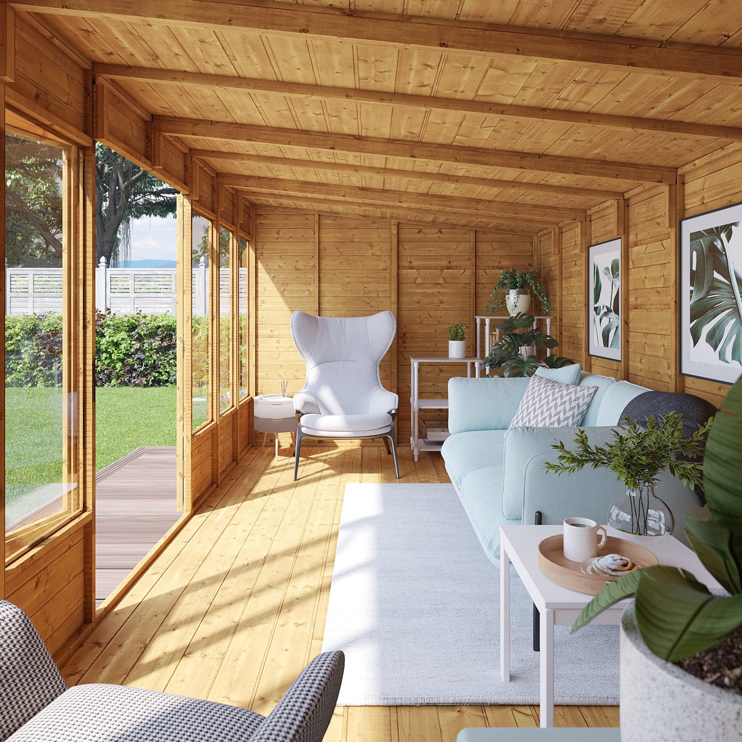 BillyOh Bella 16 x 8 Summer House Shed, Modern Pent Roof Log Cabin | Spray Treated - Garden Room with Wide Double Doors, Tongue and Groove Construction | Versatile Tiny Home or Garden Office