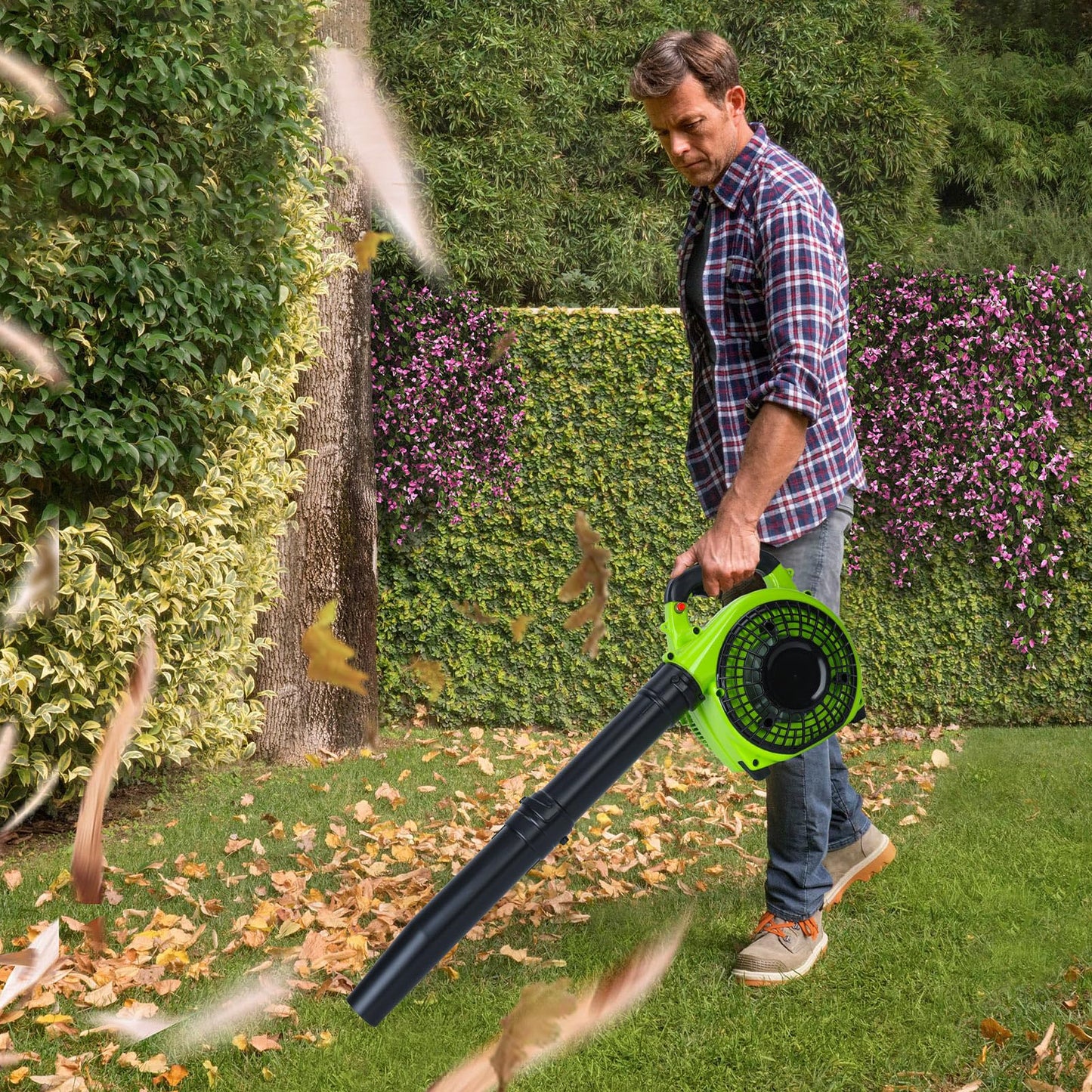 Cordless Petrol Leaf Blower, 26cc Snow Grass Lawn Blowers, Vacuum Powerful 2 Stroke Air Cooled Engine, Portable Handheld, For Blowing Leaves, Wood Chips, Dust, Garden Debris, Grass Cuttings (Green-A)