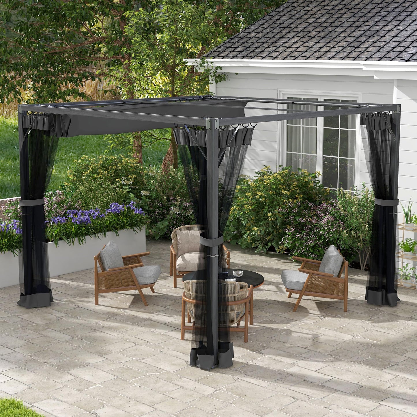 Outsunny 3 x 3 m Pergola with Retractable Roof Canopy and Netting Sidewalls, Aluminium Frame Garden Gazebo Outdoor Sun Shade Shelter for Grill, Patio, Deck, Dark Grey
