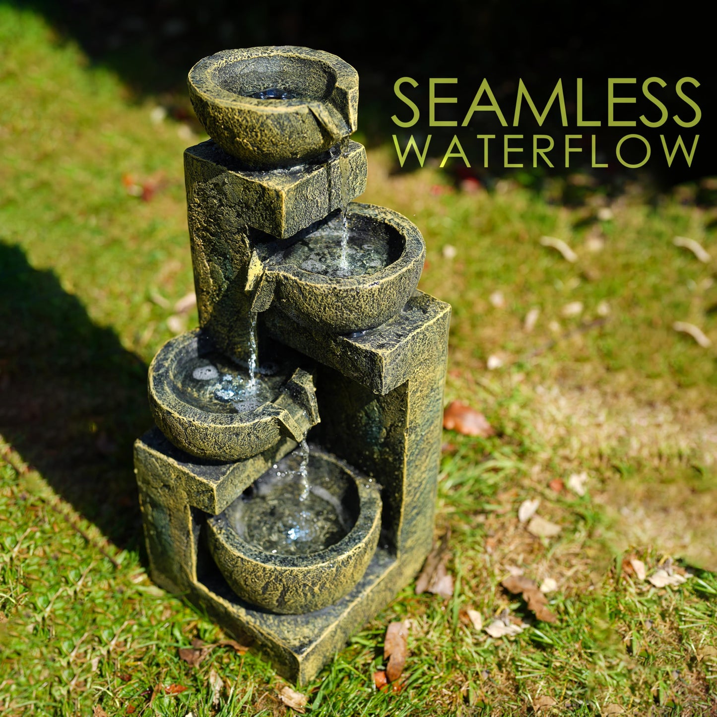 GEEZY Garden Water Feature – 4 Tier Fountain with LED Lights – Mains Powered, Self-Contained, Indoor & Outdoor – Easy Setup, Cascading & Tranquil – Great for Garden, Home, Patio & Balcony Decor