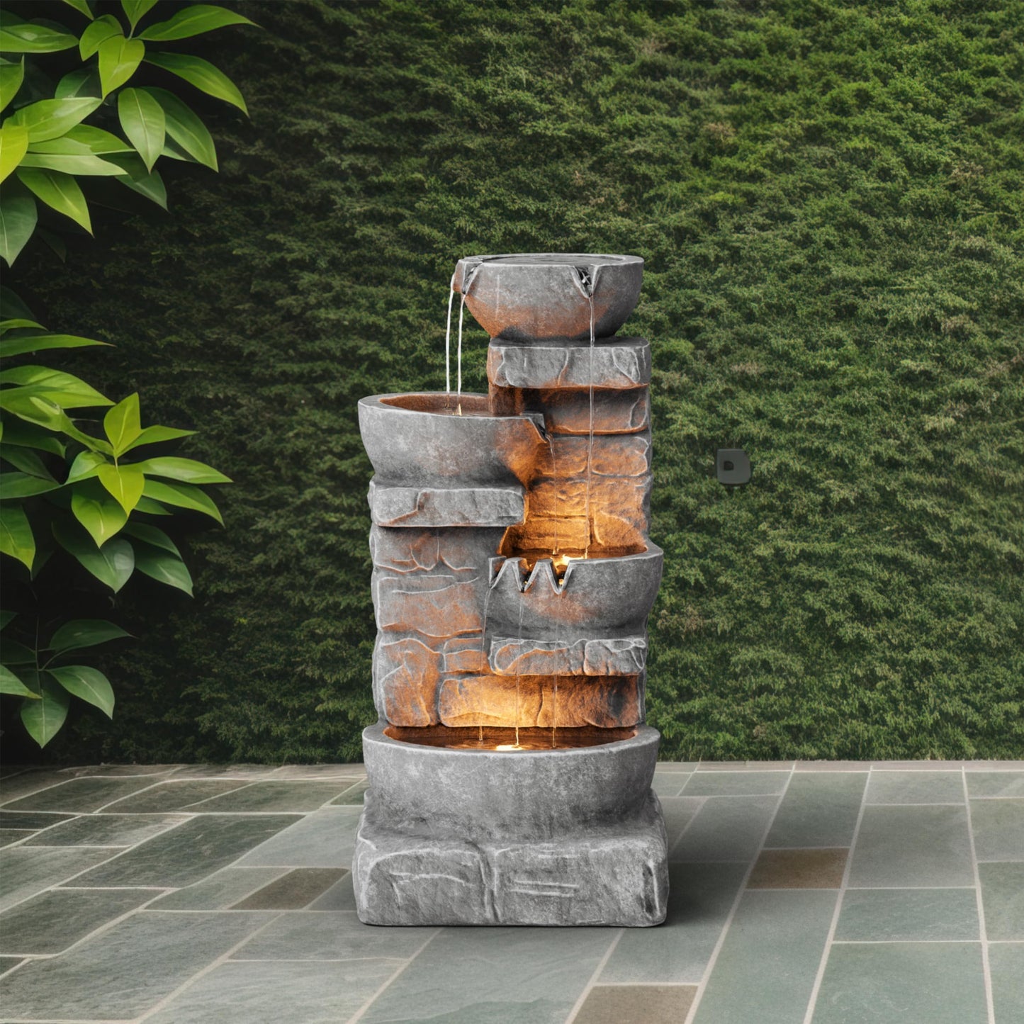 Teamson Home Cascading Bowls & Stacked Stone Outdoor Water Fountain with LED Light, Grey