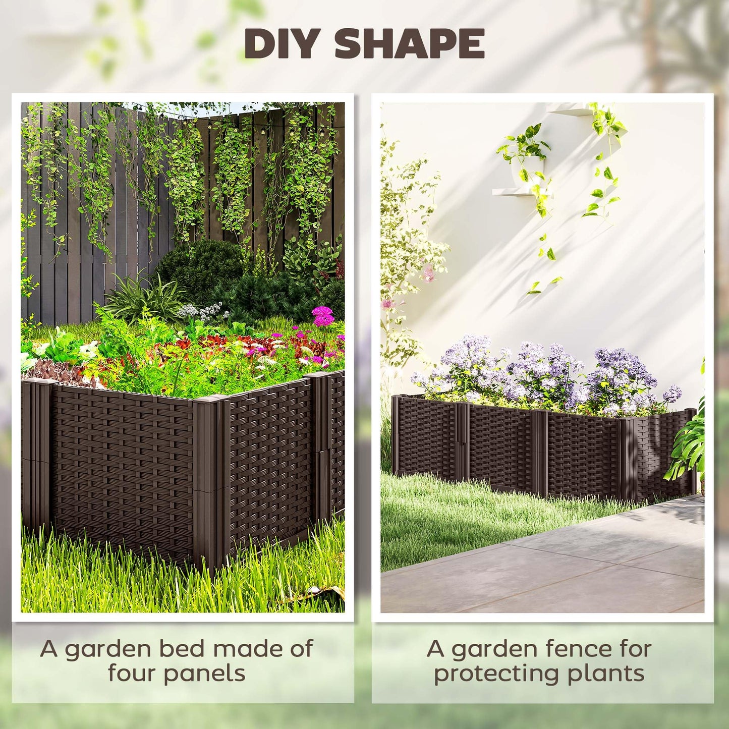 Outsunny Plastic Raised Garden Bed, Modular Planter Box Kit, Garden Fence Edging Border for Flowers, Vegetables, Herbs, Brown