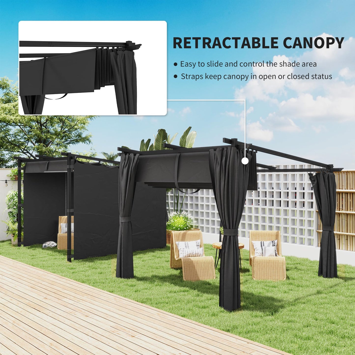 Outsunny 3 x 3(m) Metal Pergola with Retractable Roof and Sidewalls, Garden Gazebo UPF30- Sun Shade Shelter for Outdoor, Patio, Deck, Dark Grey