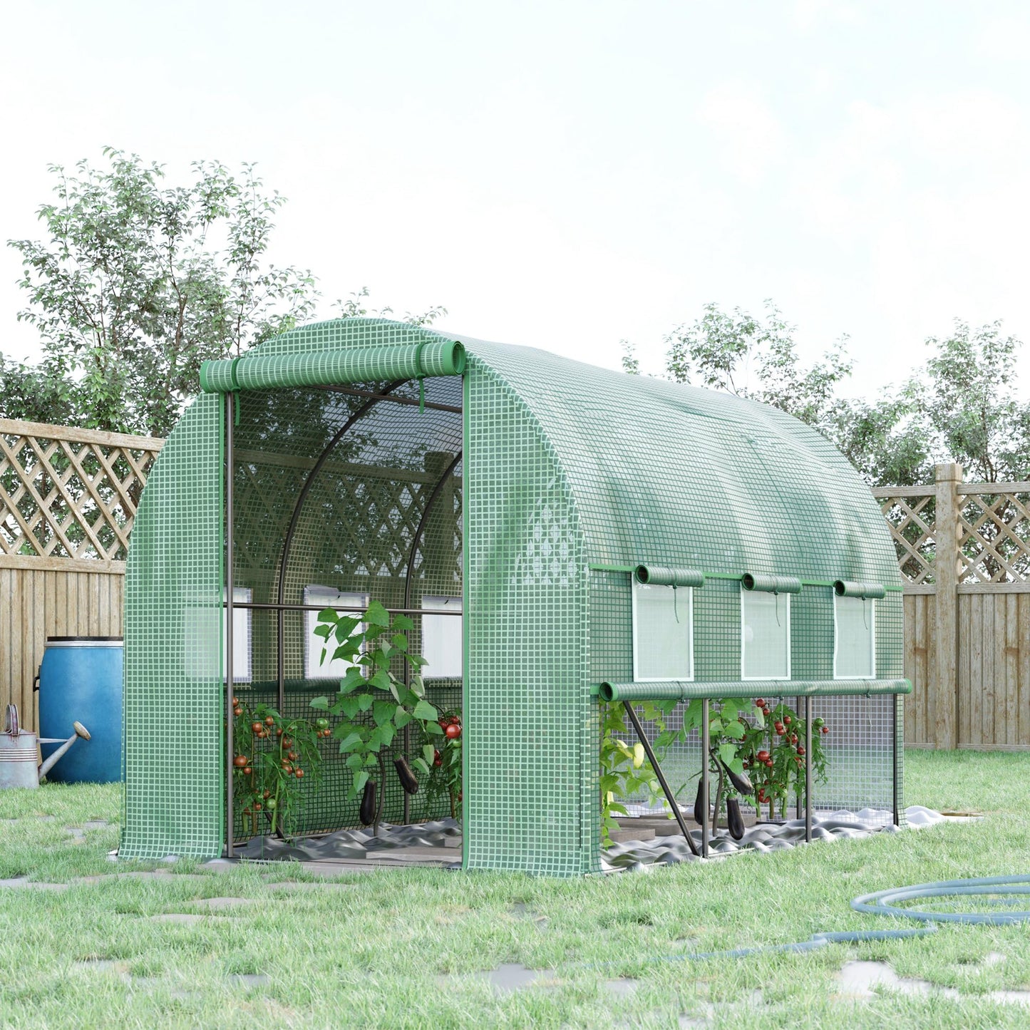 Outsunny 3 x 2 x 2m Polytunnel Greenhouse with Roll-up Sidewalls, Door and 6 Mesh Windows, Walk In Green House with UV-resistant PE Cover, Green