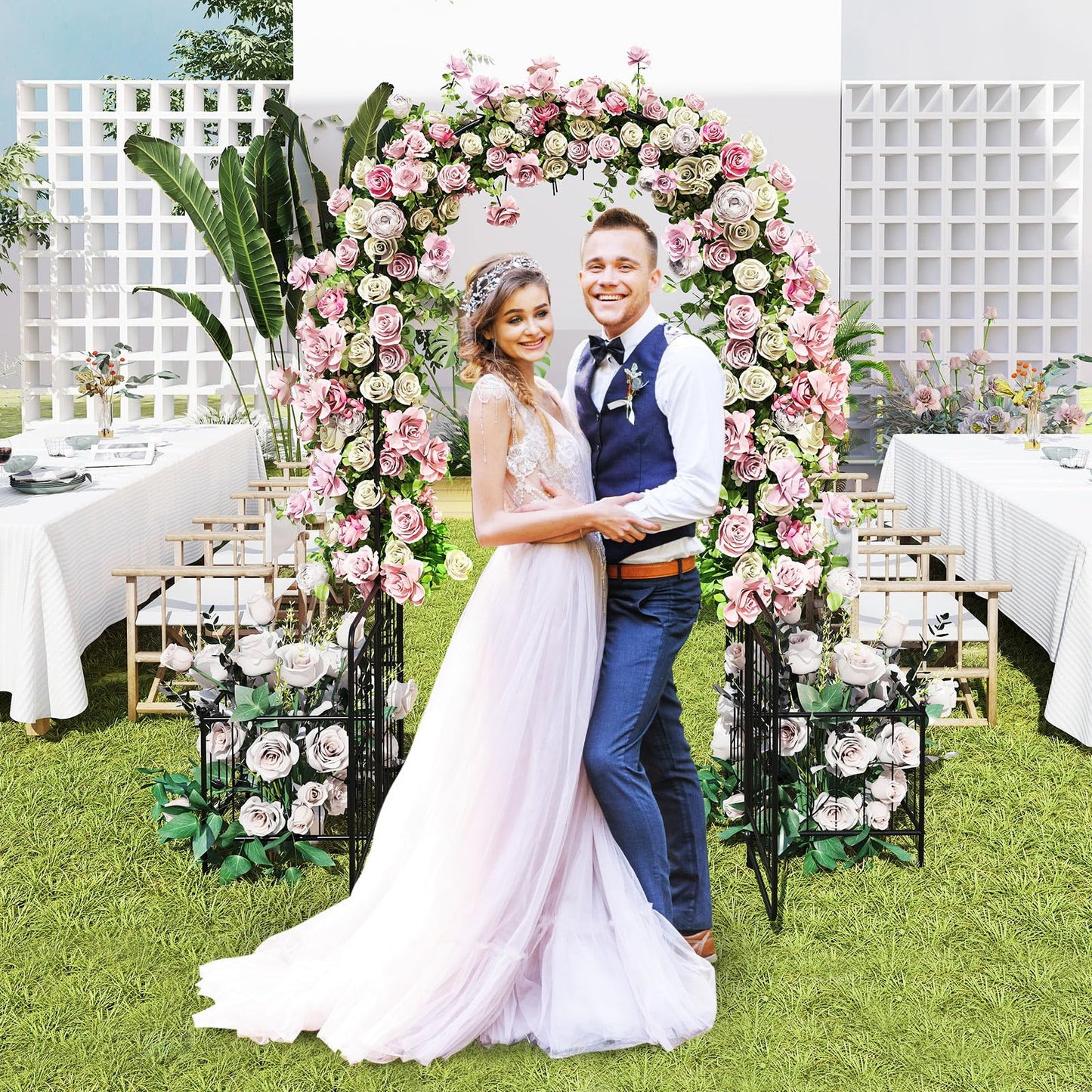 COSTWAY Garden Arch with with Gate and Planter Boxes, 2.2M Metal Pergola Arbor Trellis for Climbing Plant Rose Vines, Plants Support Archway for Lawn Backyard Party Wedding