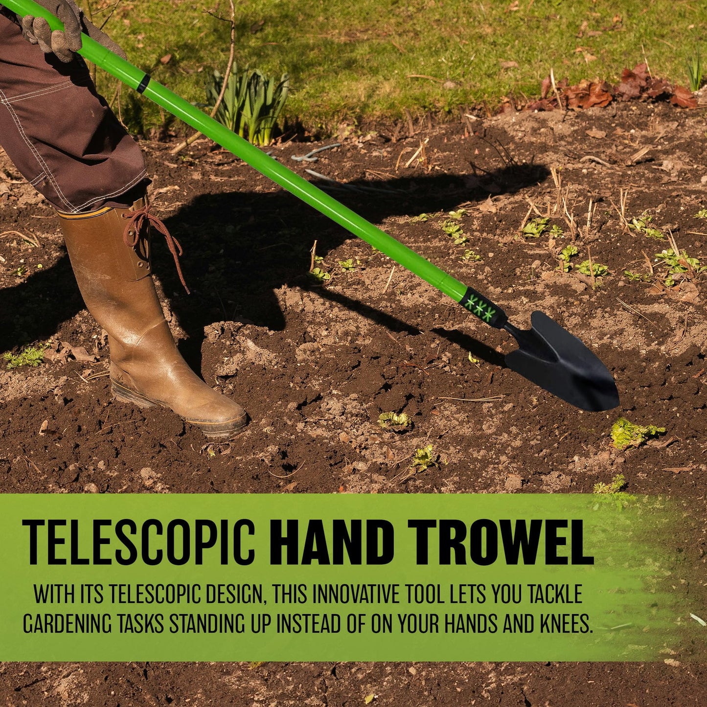 Long Handle Telescopic Hand Trowel - Extending, Gardening, Planting, Weeding, Expand, Grip | Garden Hand Tool | Soft Grip Handle | Durable & Long Lasting