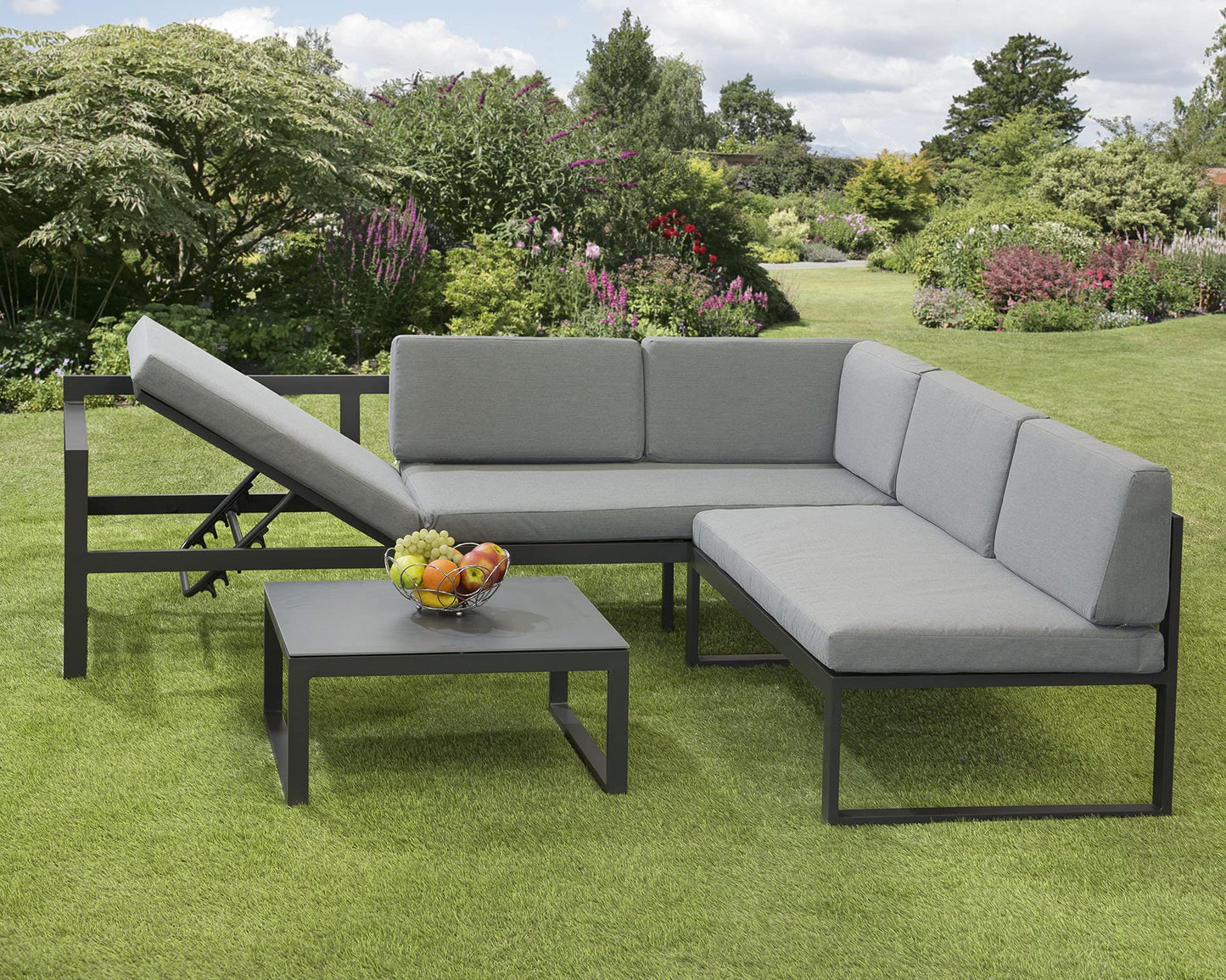 Garden Store Direct Sydney Aluminium Large Corner Lounge Set w/Textured Glass Coffee Table. Convertable Into Sunlounger. Ready Assembeled, Unpack & Enjoy!