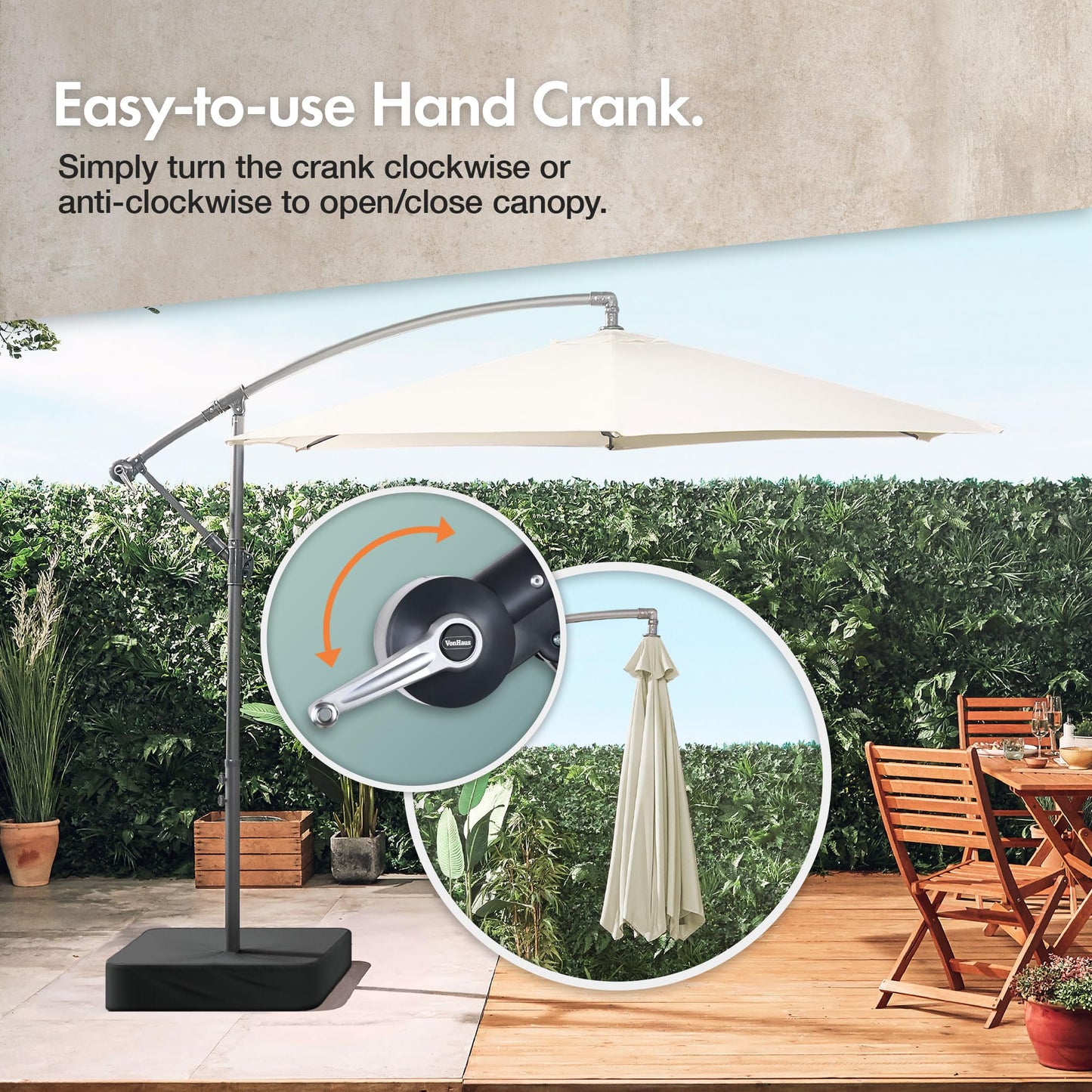 VonHaus Banana Parasol 3M – Cantilever Hanging Parasol Umbrella for Outdoor, Garden, Patio – Sun Shade Canopy with Hand Crank, Tilt & Rotate Function, UV30- Protection, Air Vent, Steel Frame – Cream