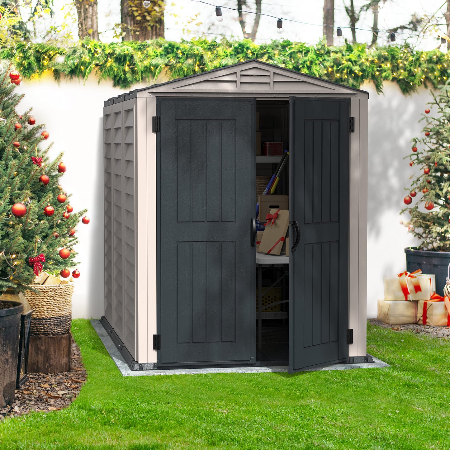 Duramax YardMate PLUS 5 x 8 (4.28 m2) Plastic Garden Shed with Heavy-Duty Plastic Floor, Strong Metal Roof Structure, Fire Retardant & Maintenance-Free Storage Shed, Dark Grey & Adobe