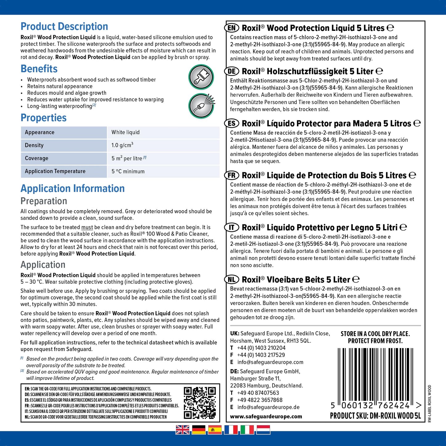 Roxil Wood Waterproofing Liquid (5L Clear) Wood Preserver Outdoor, Wood Sealer for decking, Fence, Sheds and Furniture
