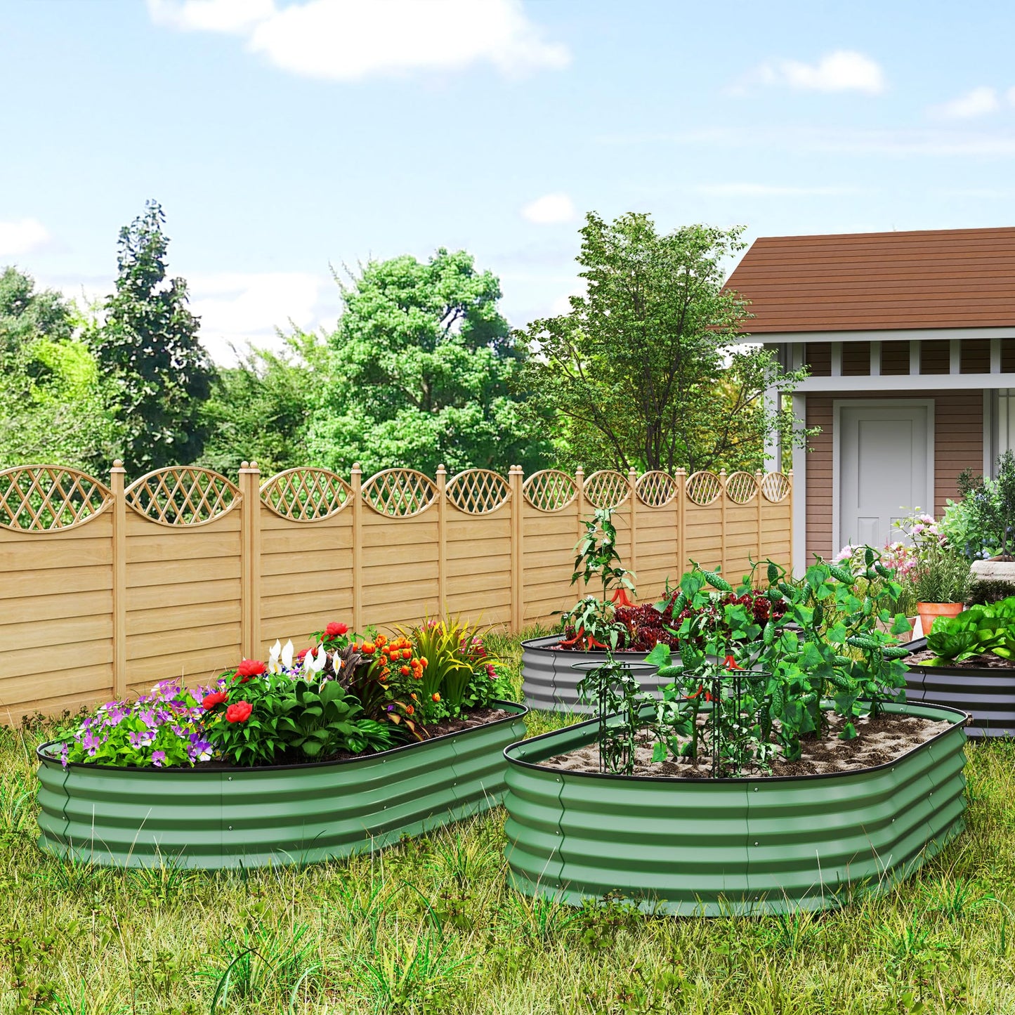 Outsunny Set of 2 Raised Beds for Garden, Outdoor Galvanised Planter Box with Plant Support Stakes, Rubber Strap Edging and Bottomless for Flower, Vegetable, 181 x 93 x 30 cm, Green