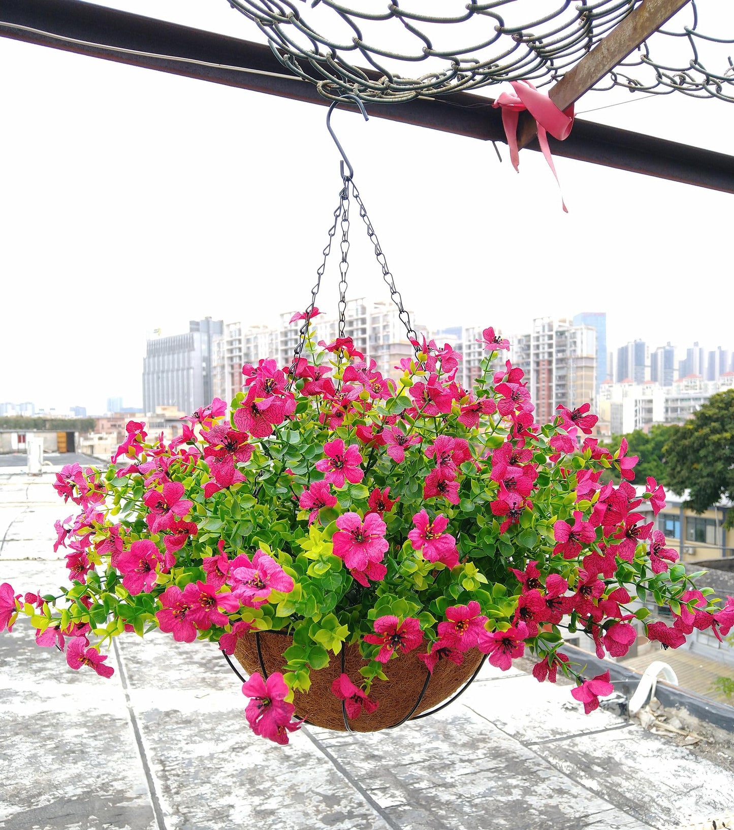 Home Decoration Silk Fabric Fake Flowers DIY Chain Hanging Basket Parlor Garden Wedding Ornaments Cute Pink Artificial Flower Eucalyptus Magnolia (Pink- Big basket)