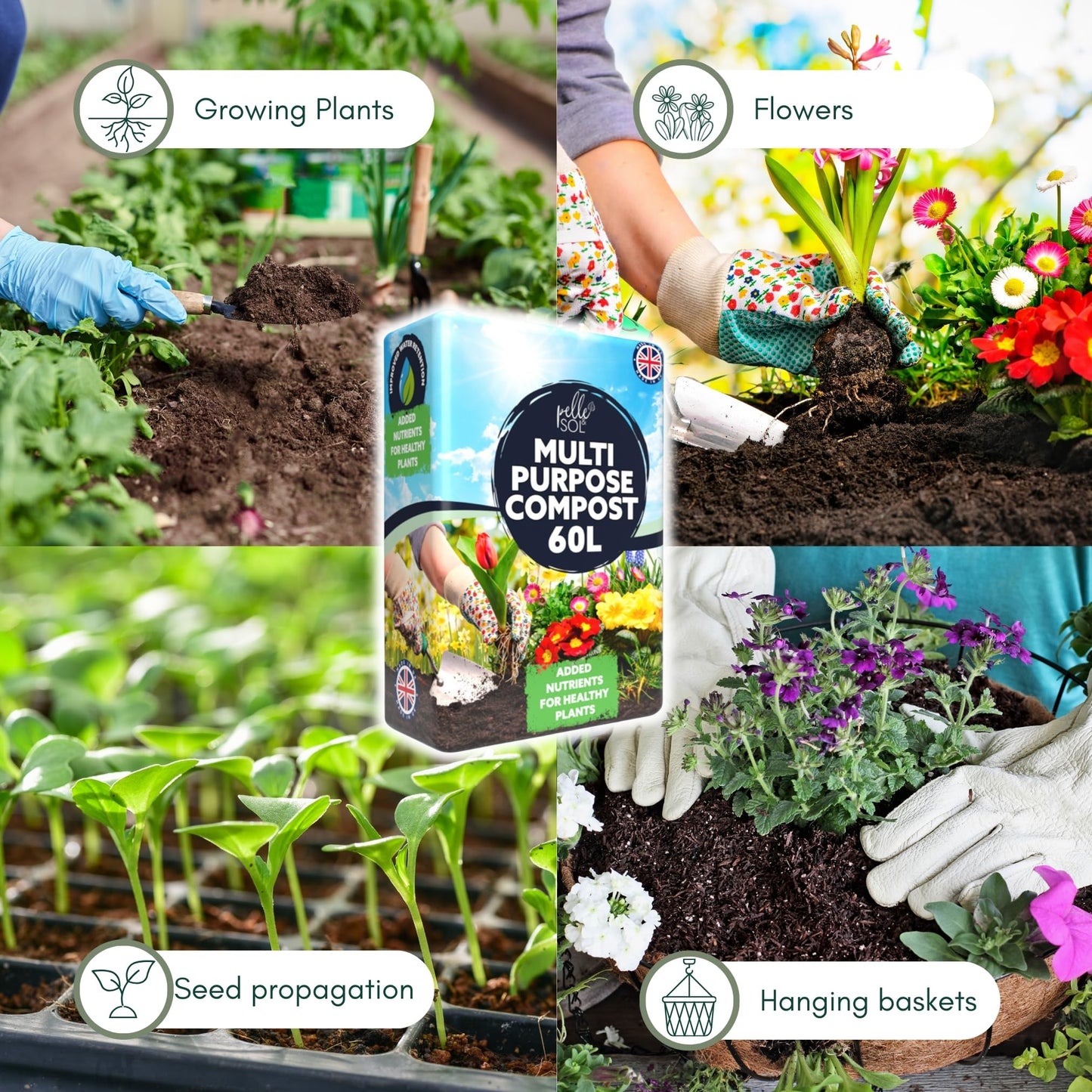 Pelle & Sol 60L Multi-Purpose Compost Soil - Potting Mix – Indoor Plant Soil - Use for Indoor Potting, Growing, Indoor Plants and General Planting Needs
