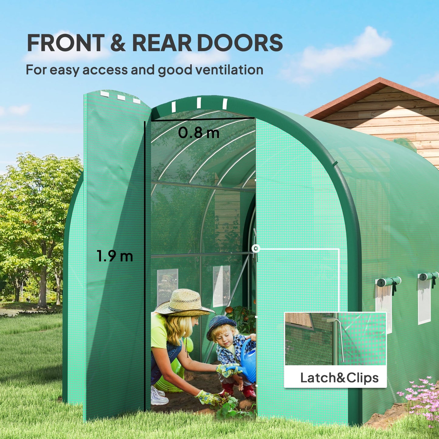 Outsunny 3 x 2(m) Walk-in Polytunnel Greenhouse with Upgraded Structure, 2 Hinged Doors, 6 Mesh Windows, Tunnel Warm House Tent with UV-resistant PE Cover, Green