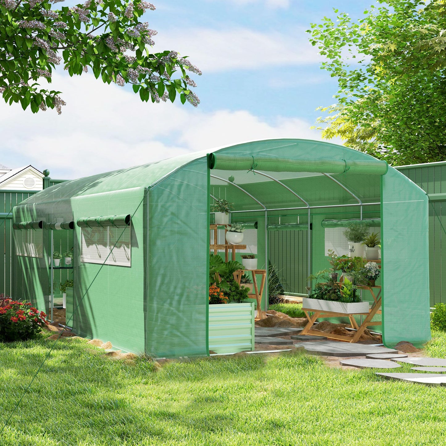Outsunny 6 x 3 x 2m Polytunnel Greenhouse with 3 Roll-up Doors and Large Mesh Windows, Walk-in Garden Tunnel Warm House Tent with UV-resistant PE Cover and Galvanised Steel Frame, Green