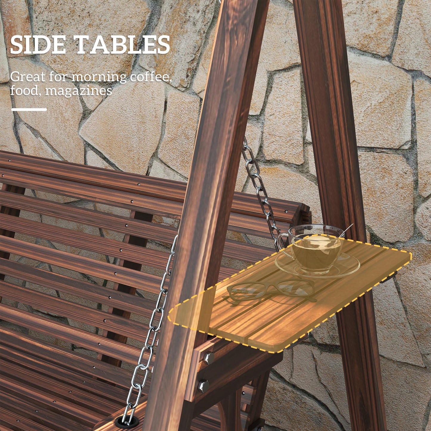 Outsunny 3 Seater Garden Swing Seat, Wooden Swing Chair Bench with Side Tables and Metal Chains, for Outdoor Porch Patio, Carbonised Brown