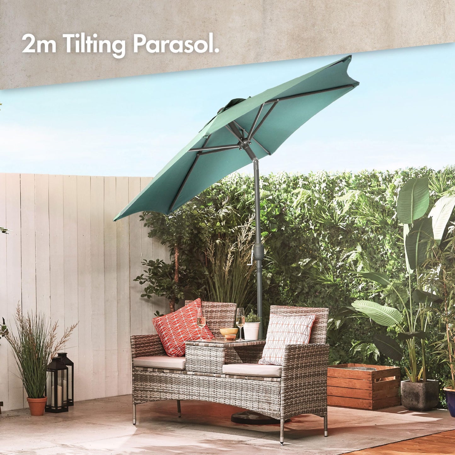 VonHaus Parasol 2M – Parasol Umbrella for Outdoor, Garden, Patio – Sun Shade Canopy with Hand Crank, Tilt Function, UV30- Protection, Air Vent, Powder Coated Steel Frame - Dark Green