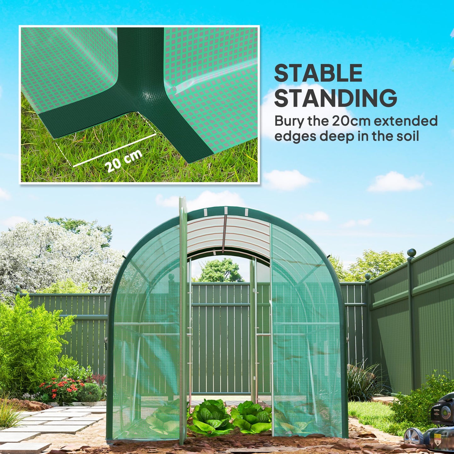 Outsunny 3 x 2(m) Walk-in Polytunnel Greenhouse with Upgraded Structure, 2 Hinged Doors, 6 Mesh Windows, Tunnel Warm House Tent with UV-resistant PE Cover, Green