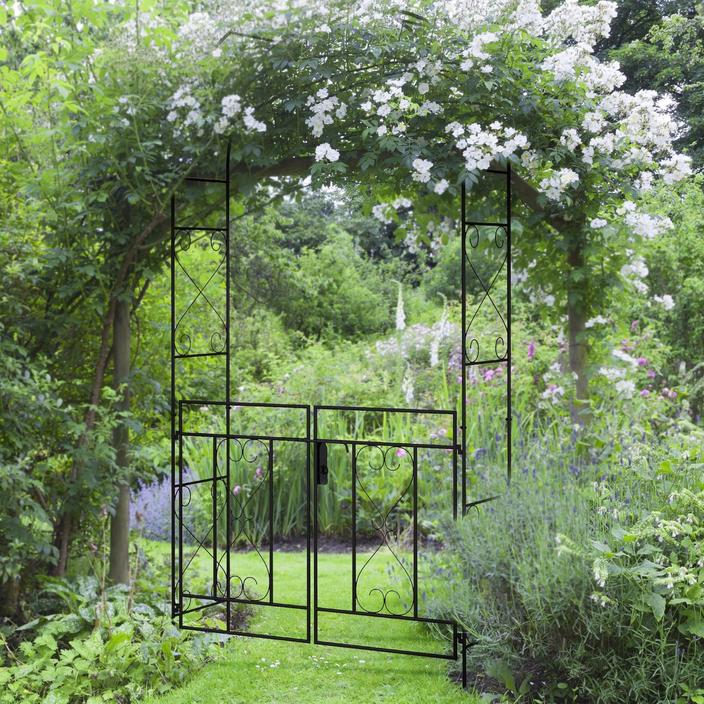 Outsunny Outdoor Garden Arch with Double Gates, Metal Garden Arbor for Climbing Plants, Roses, Vines, Wedding Arch for Outdoor, 114L x 36W x 232H cm, Black