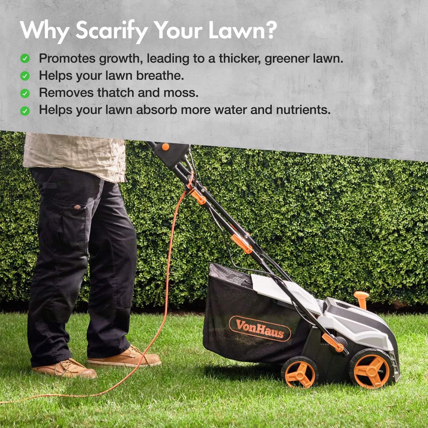 VonHaus Lawn Scarifier, Grass Rake, Aerator 1800W – Electric, 10m Cable, 55L Collection Box, 5 Depth Settings, 38cm Working Width, 2 Interchangeable Rollers, Folding Design – 2 Year Warranty