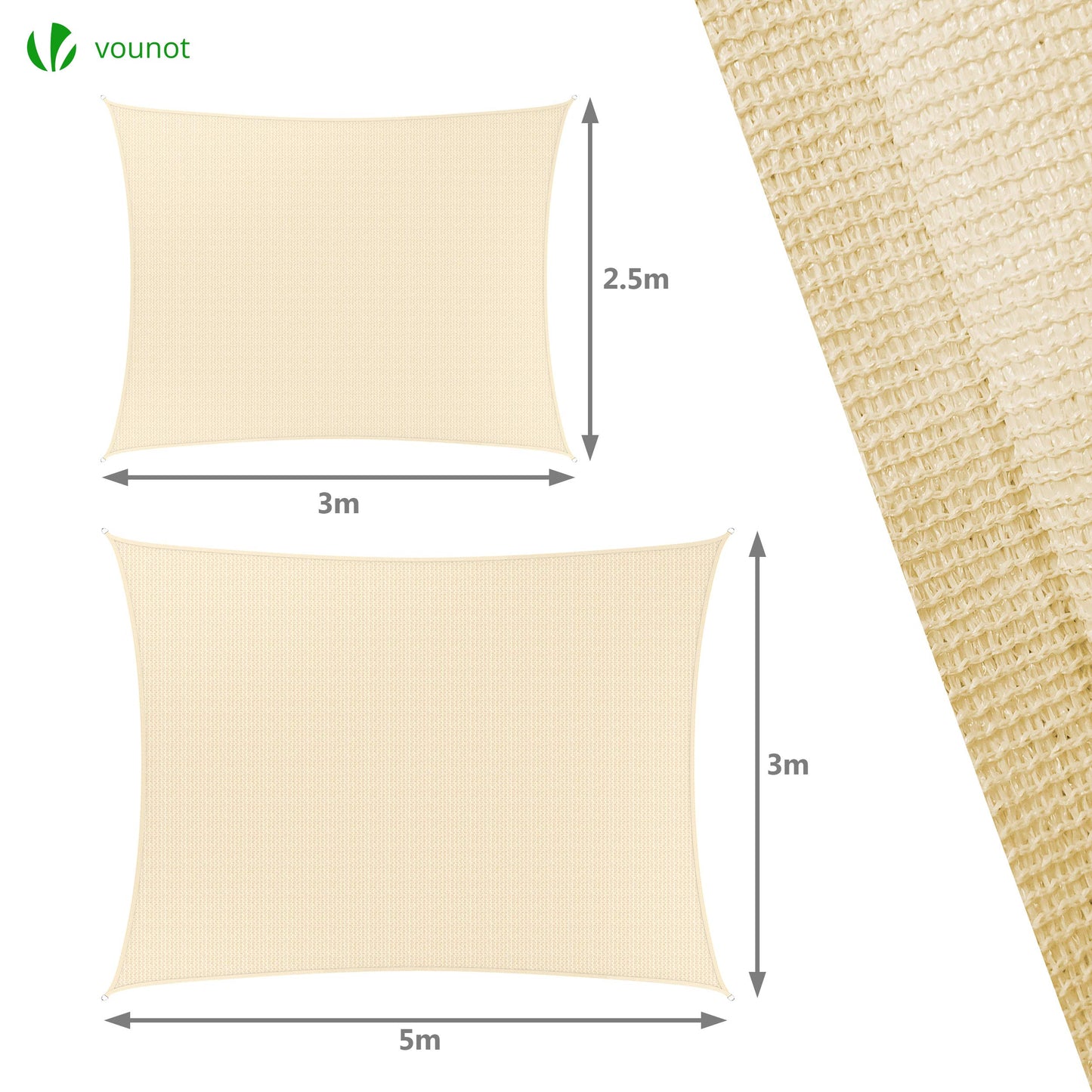 VOUNOT® Sun Shade Sail Rectangle 3m x 2.5m with Fixing Kit, 95% UV Block Breathable HDPE Awning, Sunscreen Canopy for Outdoor Garden Patio Lawn, Ivory