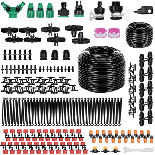 Belle Vous 340-Piece Garden Irrigation System Kit -180ft/50m Drip Irrigation Hose and Adjustable Nozzle Sprayers - Automatic Garden Watering/Misting System for Greenhouse Lawn Flowerbed & Patio Plant