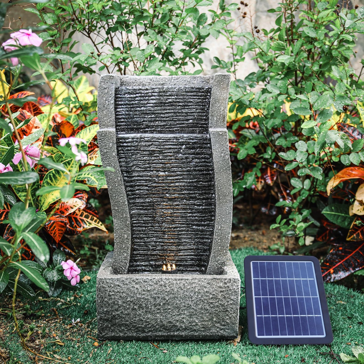 BTGGG Solar Water Feature Outdoor Solar Powered Garden Water Features Solar Water Fountain with Lights Solar Waterfall Decoration for the Garden Outdoor - Curved Solar Waterfall Fountain