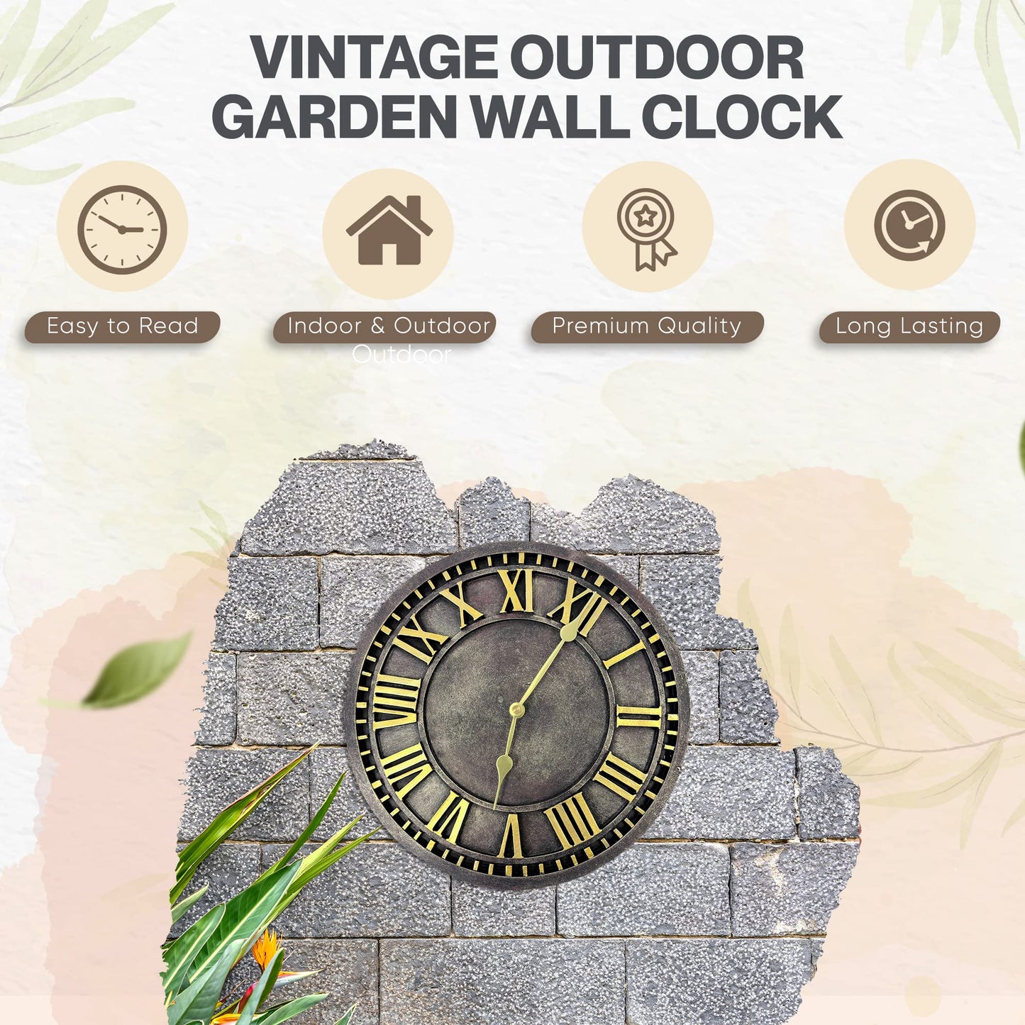 HH Home Hut Outdoor indoor Garden Wall Clock Hand Painted church clock 30cm rust