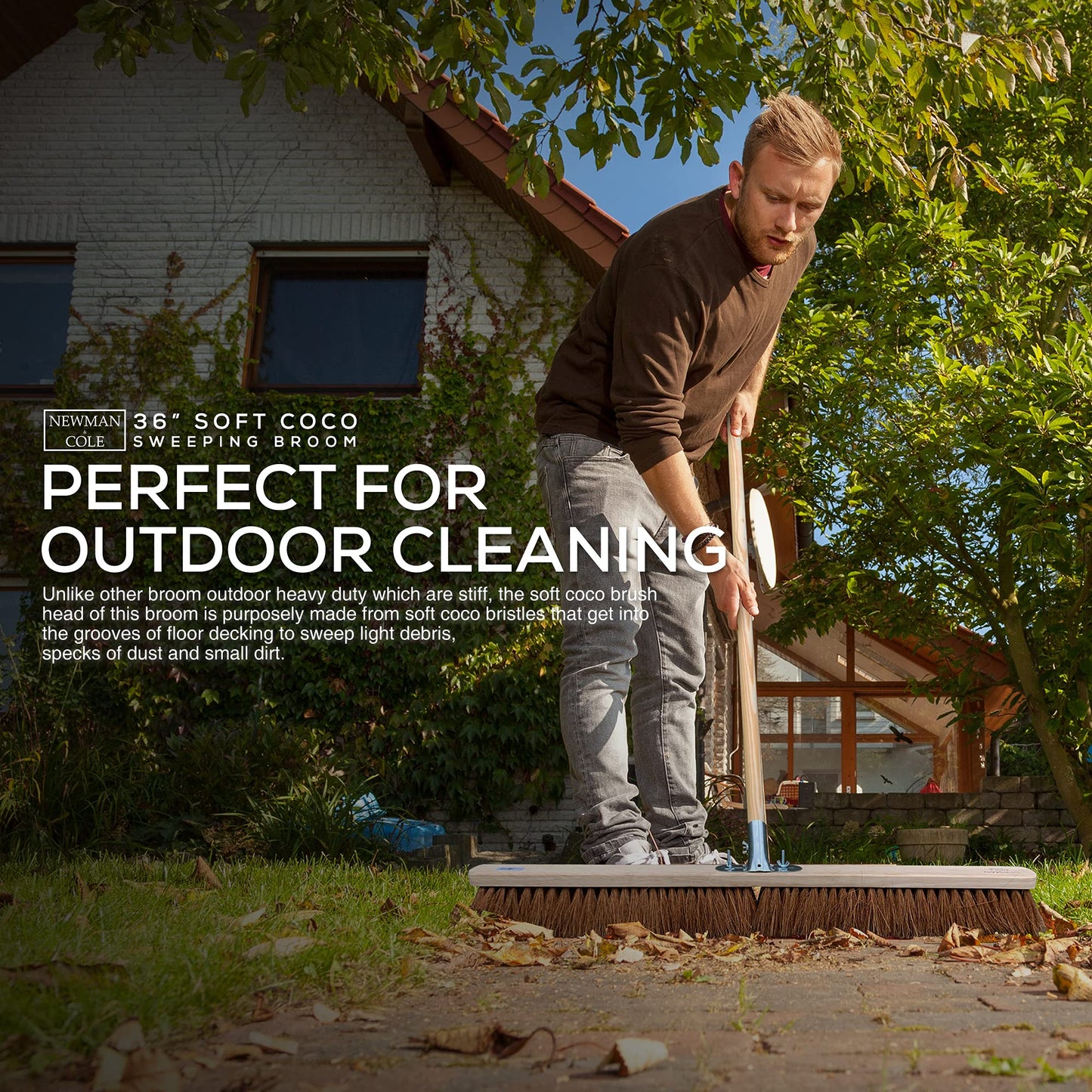 Newman and Cole 36” Wide Broom Indoor or Outdoor, Extra-Large Heavy Duty Broom Sweeping Brush for Warehouse Floors and Large Flat Surfaces (36” Natural Coco Soft Bristle Broom Complete with Handle)…